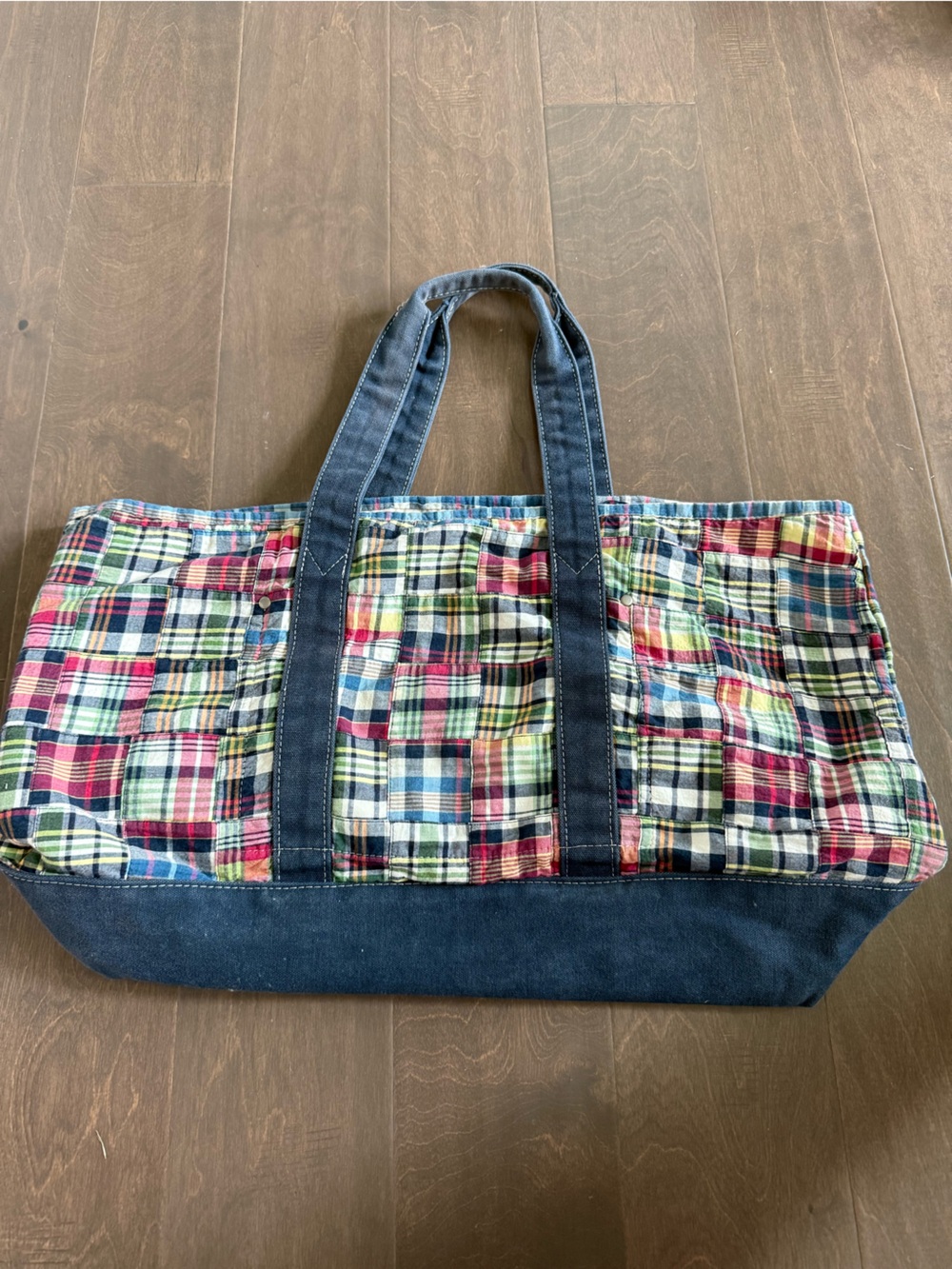 J Crew Plaid Patchwork Tote Bag with Navy Straps